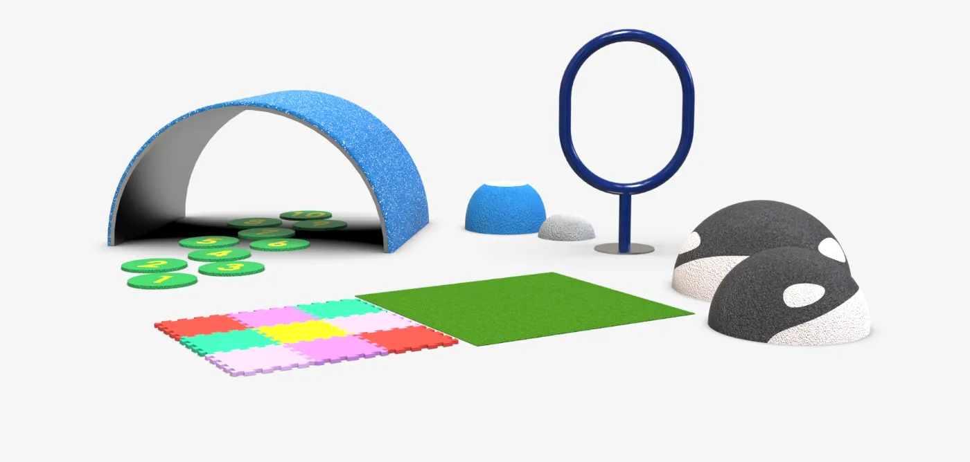 IKC play floor elements including EPDM shapes and artificial grass