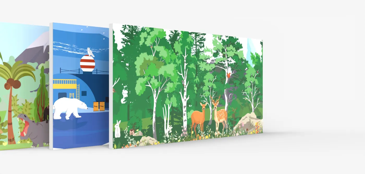 Themed IKC wall coverings with jungle, arctic and forest scenes